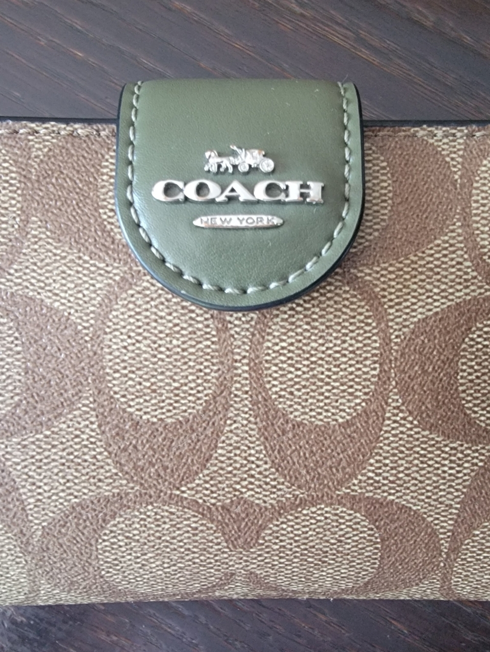 Coach Brown Signature Canvas Wallet with Olive Green Flap